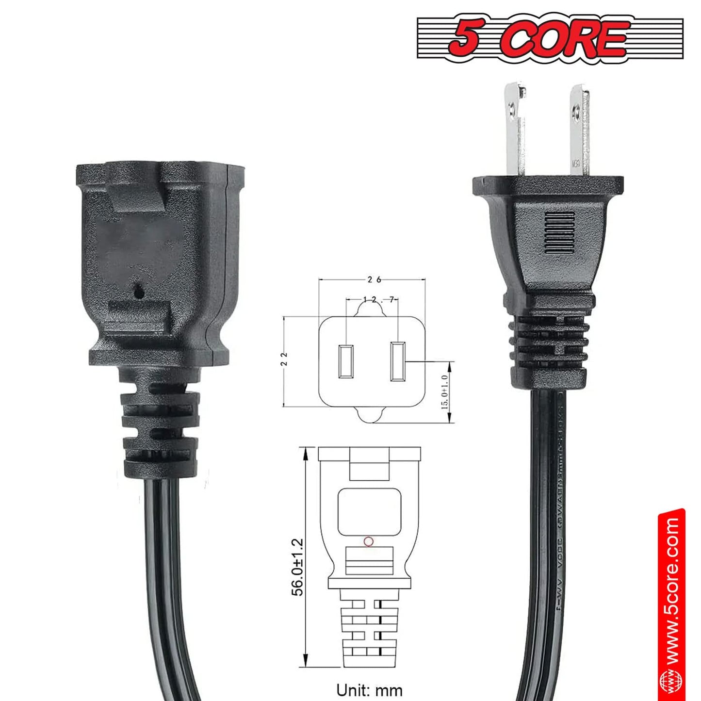 5Core AC Power Cord 15 Ft US Polarized Male to Female 2 Prong