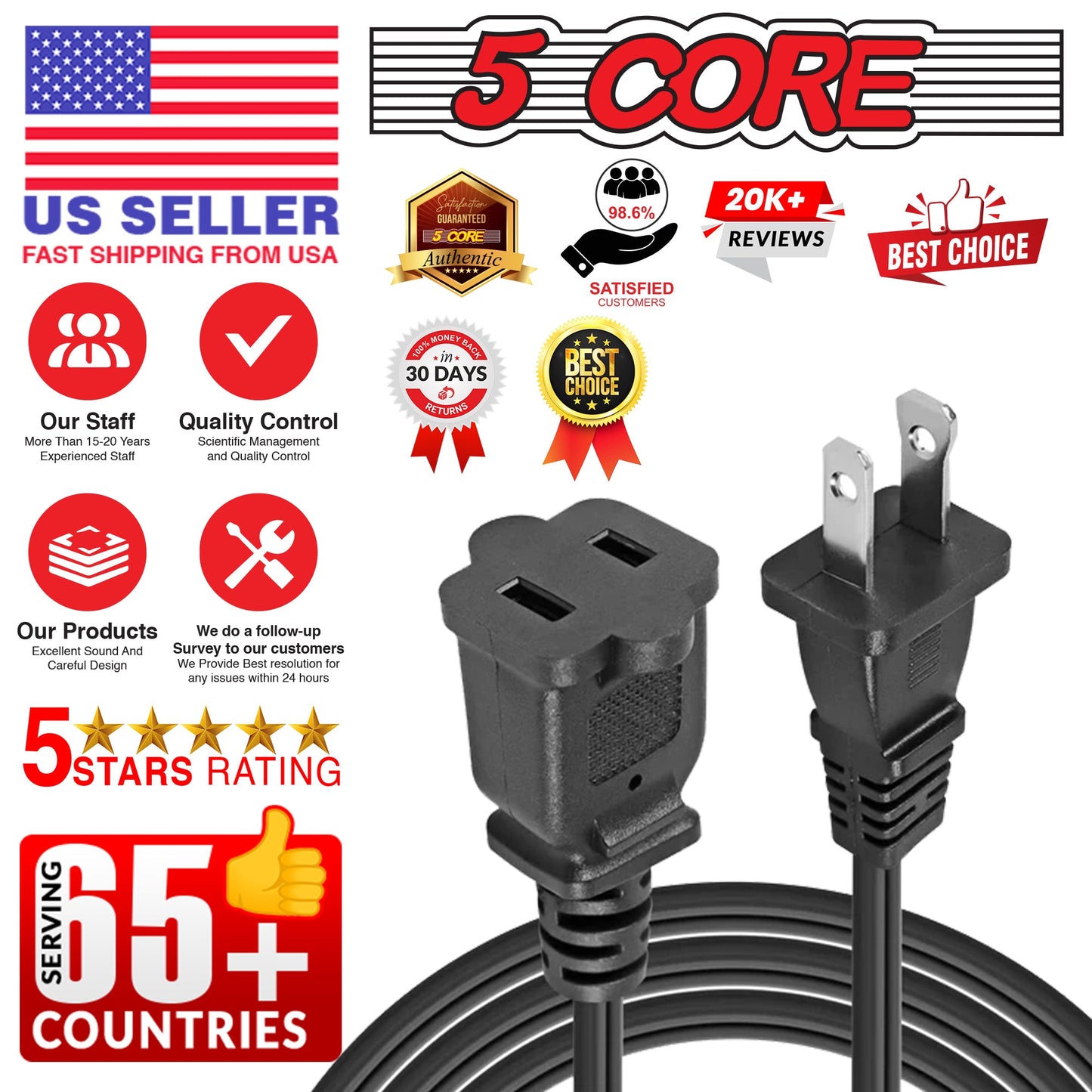 5Core AC Power Cord 15 Ft US Polarized Male to Female 2 Prong