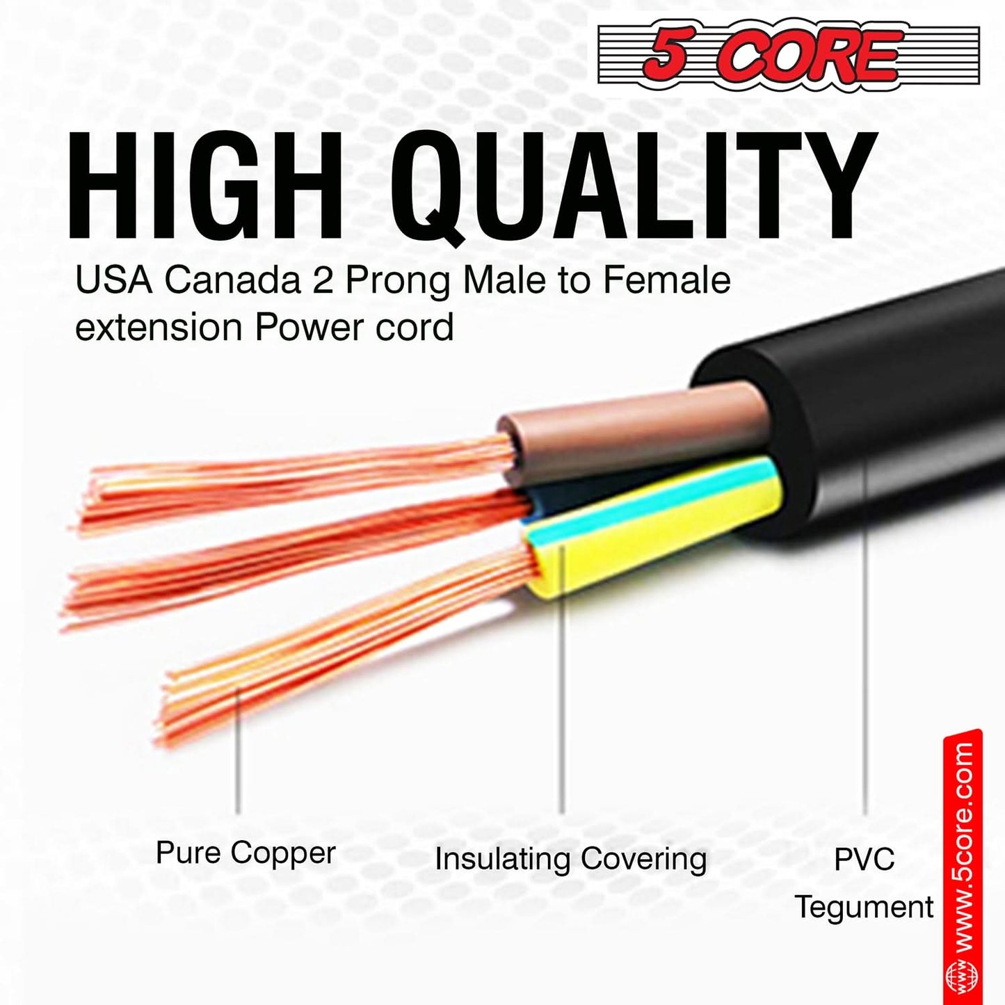 5Core AC Power Cord 15 Ft US Polarized Male to Female 2 Prong
