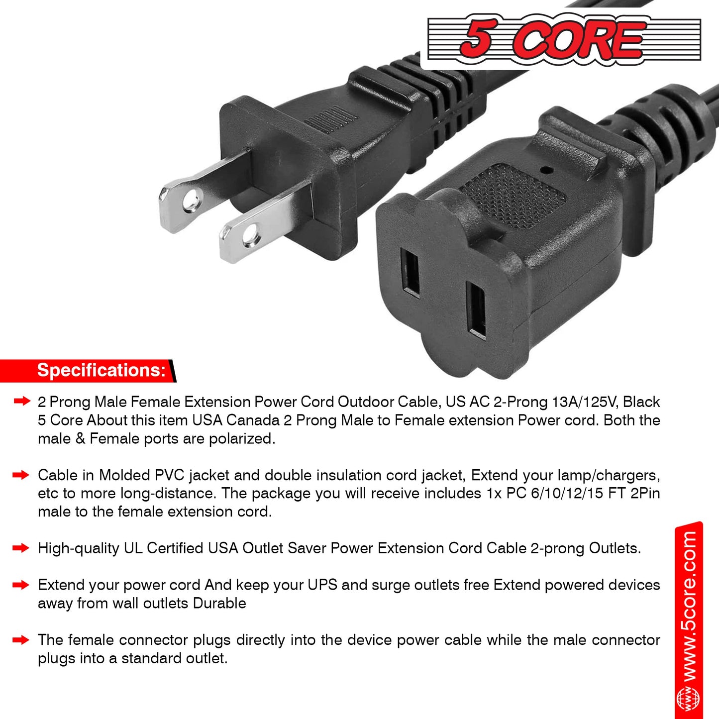 5Core AC Power Cord 15 Ft US Polarized Male to Female 2 Prong