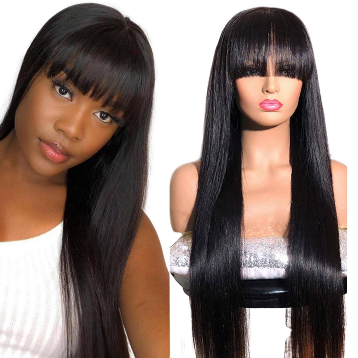 Straight Human Hair Wigs With Bangs Full Machine Made Brazilian Human