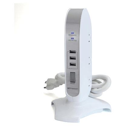 Emerson 5-Outlet + USB Charging Tower with Surge Protection and On/