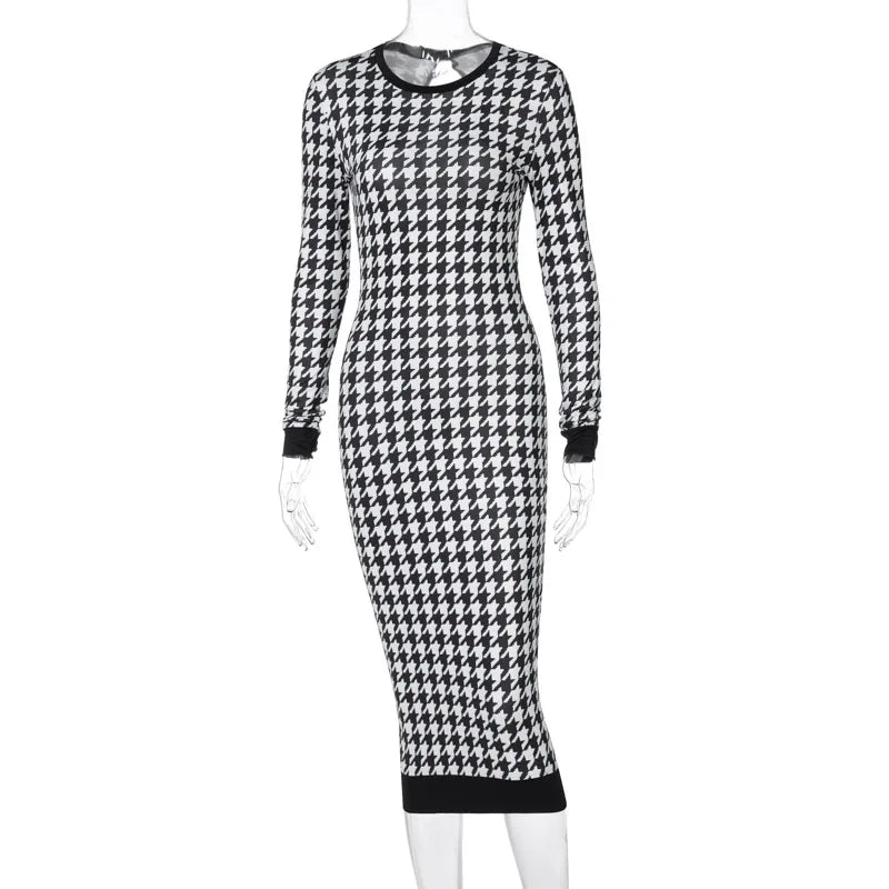 Houndstooth Print Women Long Sleeve Midi Dress Hollow Out Bodycon Sexy