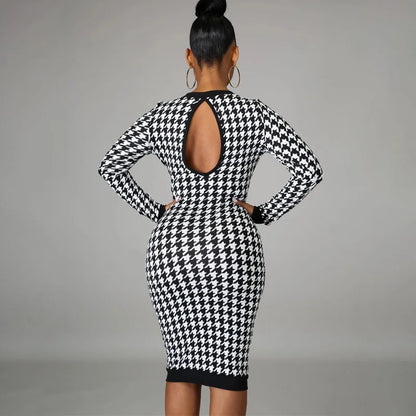 Houndstooth Print Women Long Sleeve Midi Dress Hollow Out Bodycon Sexy