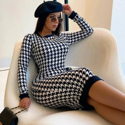 Houndstooth Print Women Long Sleeve Midi Dress Hollow Out Bodycon Sexy