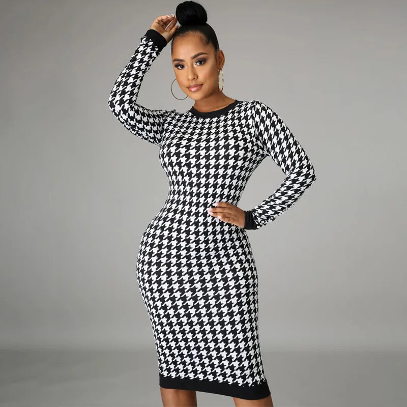 Houndstooth Print Women Long Sleeve Midi Dress Hollow Out Bodycon Sexy