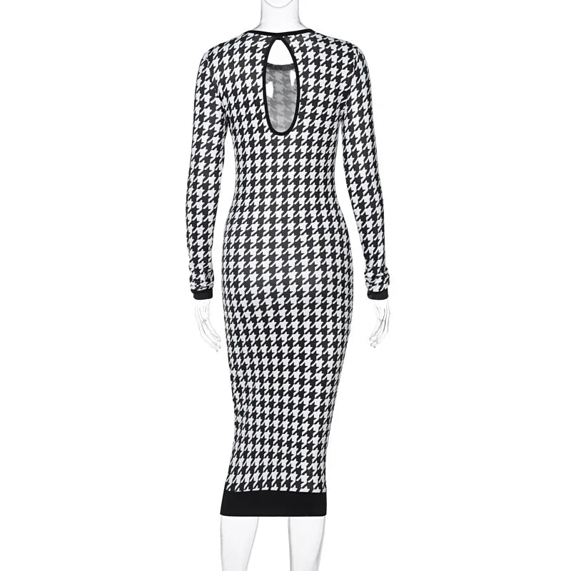 Houndstooth Print Women Long Sleeve Midi Dress Hollow Out Bodycon Sexy