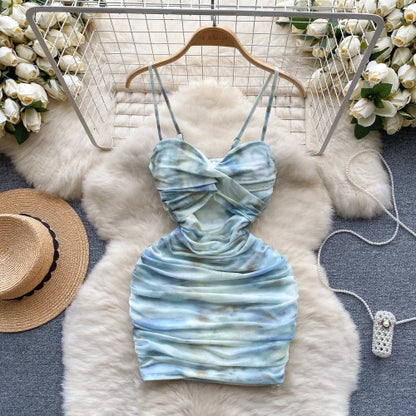 Sexy Solid Print Pleated Off Shoulder Mesh Slip Dress Chic Evening