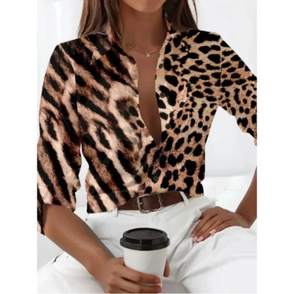 2024 New Leopard Print Pattern Long Sleeve Shirt For Womens Loose