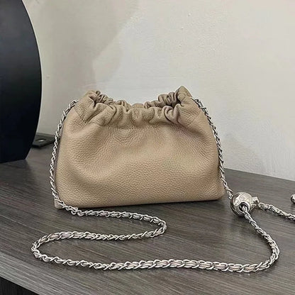 Hot Sale Silver Ball Chain Genuine Leather Small Bucket Bag Fashion