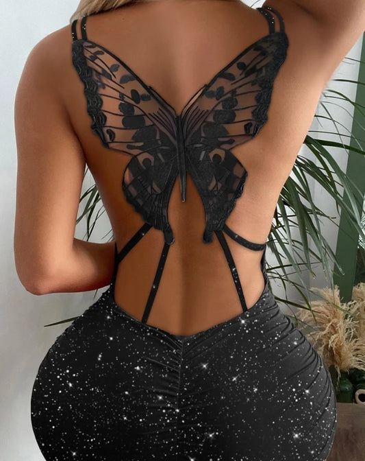 Sexy Spicy Girl Glitter Butterfly Pattern Hollow Out Bodycon Dress