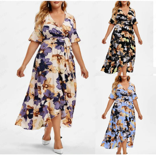 2024 summer Plus-size Casual Boho Dress Irregular Slit Short Sleeves