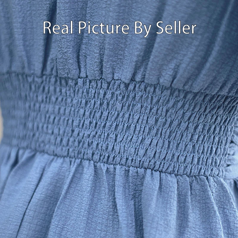 Women Ruffle Solid Pleated Long Dress Chic V Neck Short Sleeved  Black