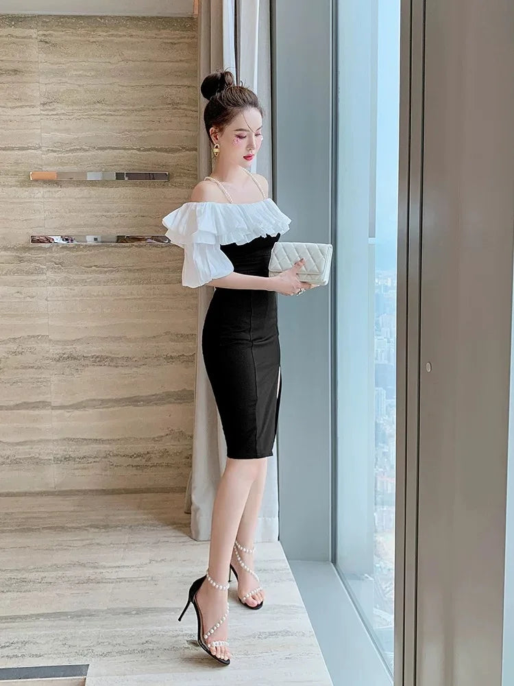 Lady Elegant Sweet Fashion Dress Women Ruffles Slash Neck Split Hip