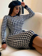 Houndstooth Print Women Long Sleeve Midi Dress Hollow Out Bodycon Sexy