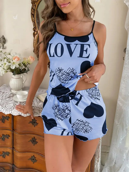 Women's Heart Print Summer Sleepwear Cami Top and Shorts Night Sleep