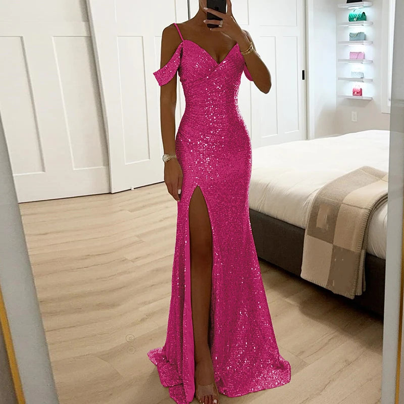 Luxury Glitter Sequins Evening Gala Dress Women Banquet   Hollow