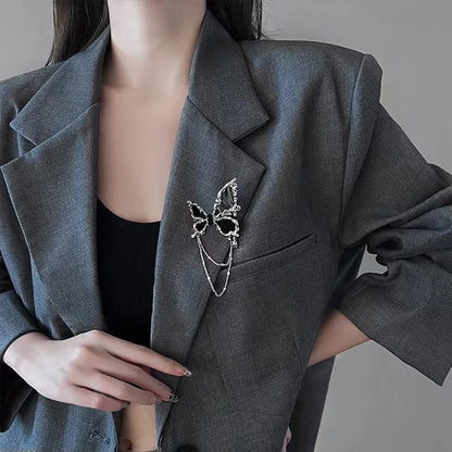 Fashion Metal Chain Butterfly Brooch Tassel Pendant for Women Lapel