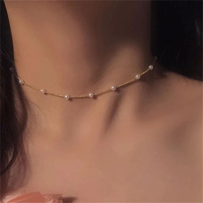 European Vintage Beaded Pearl Choker Necklace for Women Girls Simple