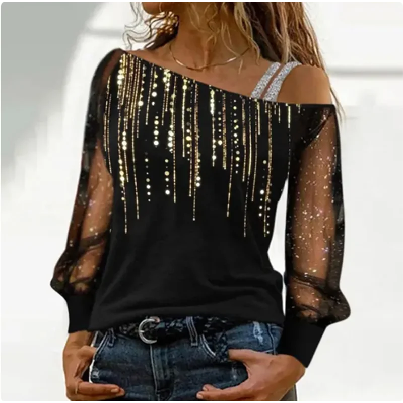 Silver Shoulder Strap Transparent Sleeves Sequins Blouse Women's Sexy