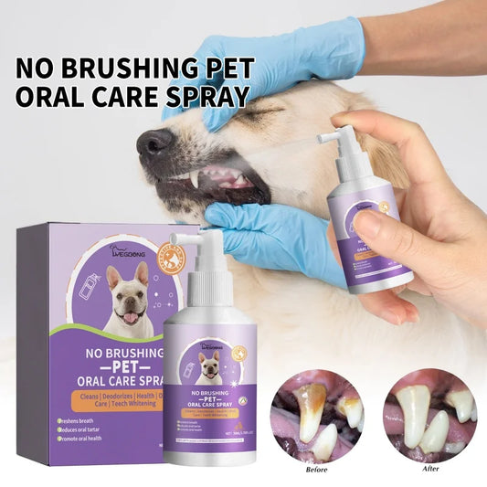 "Pet Teeth Cleaning Spray - Breath Freshener & Odor Remover for Dogs and Cats"