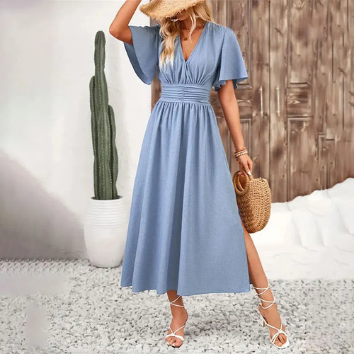 Women Ruffle Solid Pleated Long Dress Chic V Neck Short Sleeved  Black