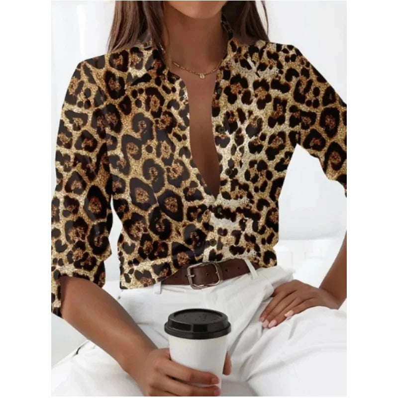 2024 New Leopard Print Pattern Long Sleeve Shirt For Womens Loose