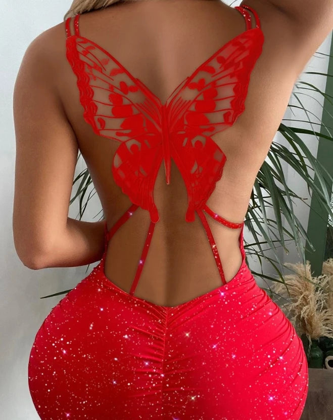 Sexy Spicy Girl Glitter Butterfly Pattern Hollow Out Bodycon Dress