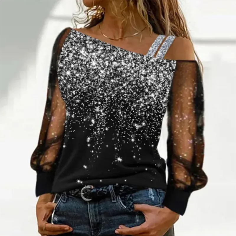 Silver Shoulder Strap Transparent Sleeves Sequins Blouse Women's Sexy