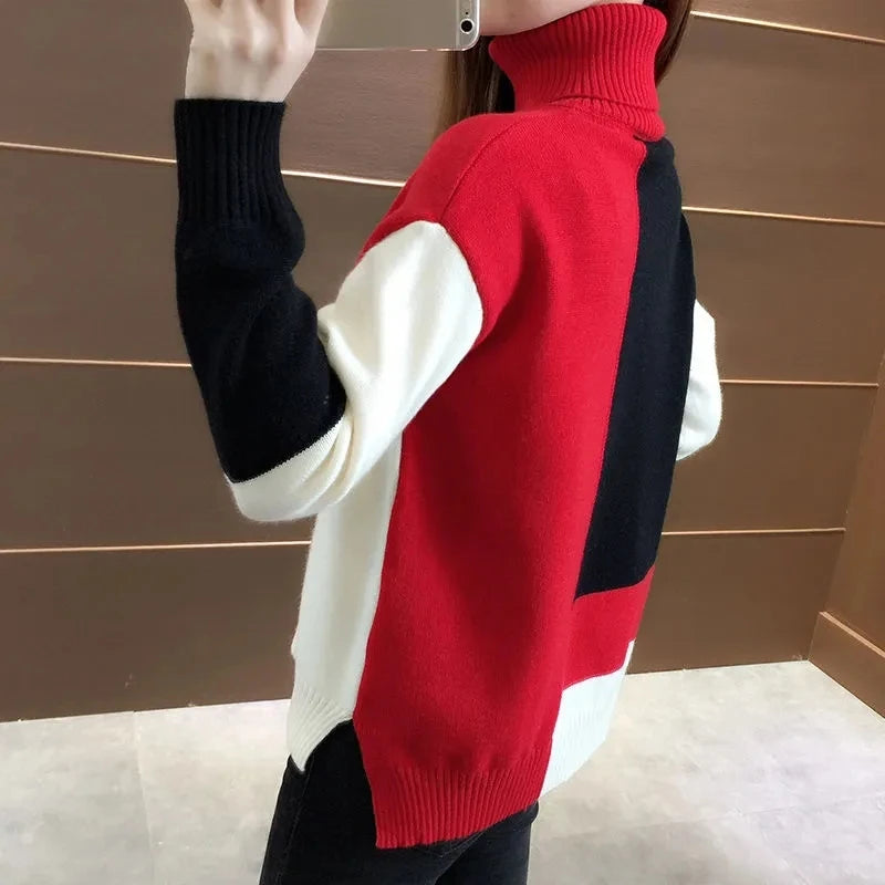 Women's Sweater 2024 New Autumn Winter Color Blocking Loose Sweaters Long Sleeve Turtleneck