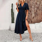 Women Ruffle Solid Pleated Long Dress Chic V Neck Short Sleeved  Black