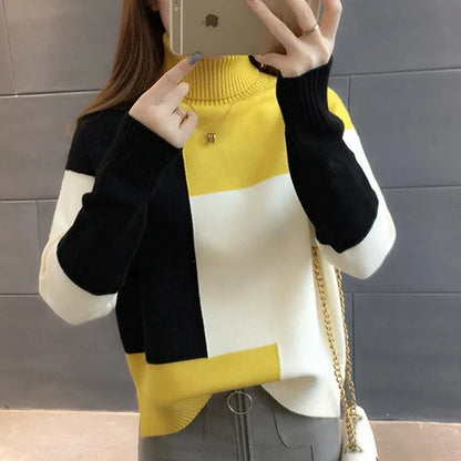 Women's Sweater 2024 New Autumn Winter Color Blocking Loose Sweaters Long Sleeve Turtleneck