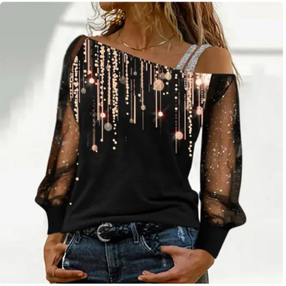 Silver Shoulder Strap Transparent Sleeves Sequins Blouse Women's Sexy