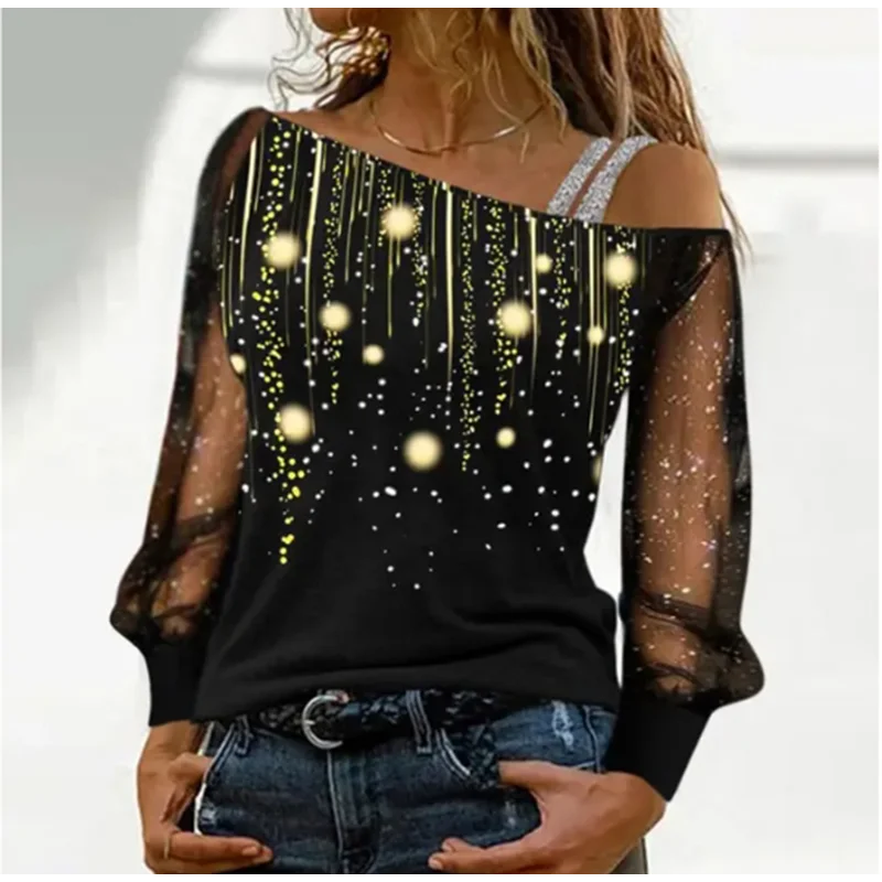 Silver Shoulder Strap Transparent Sleeves Sequins Blouse Women's Sexy