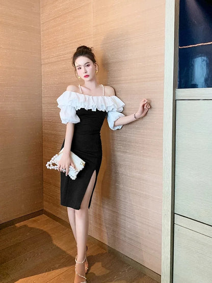 Lady Elegant Sweet Fashion Dress Women Ruffles Slash Neck Split Hip