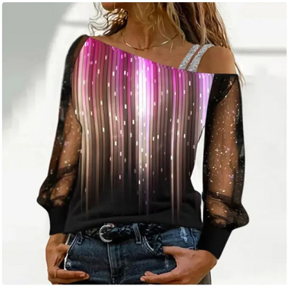 Silver Shoulder Strap Transparent Sleeves Sequins Blouse Women's Sexy