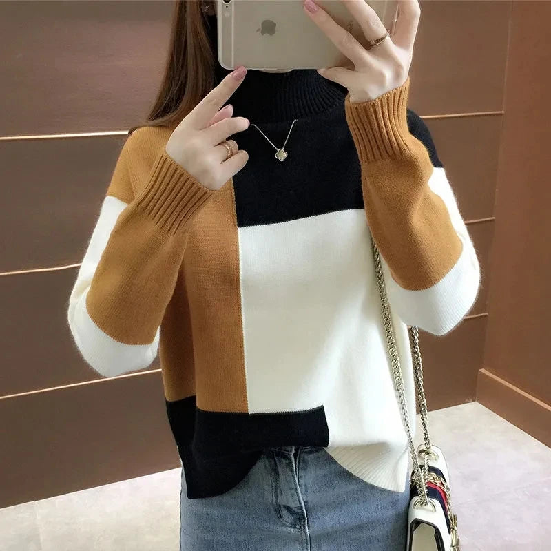 Women's Sweater 2024 New Autumn Winter Color Blocking Loose Sweaters Long Sleeve Turtleneck