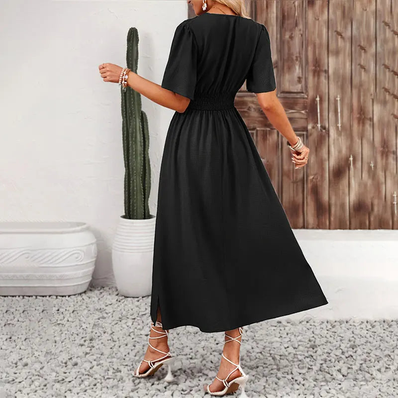 Women Ruffle Solid Pleated Long Dress Chic V Neck Short Sleeved  Black