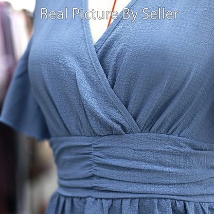 Women Ruffle Solid Pleated Long Dress Chic V Neck Short Sleeved  Black