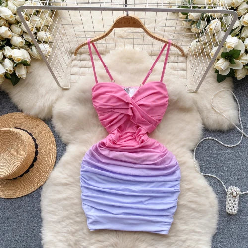 Sexy Solid Print Pleated Off Shoulder Mesh Slip Dress Chic Evening