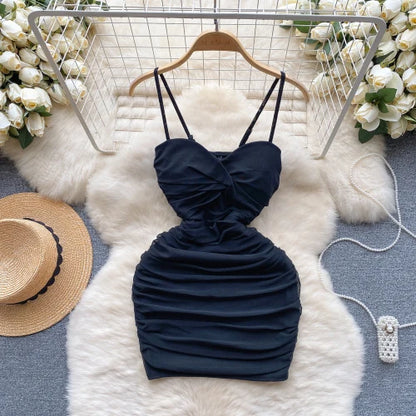 Sexy Solid Print Pleated Off Shoulder Mesh Slip Dress Chic Evening