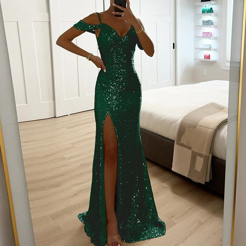 Luxury Glitter Sequins Evening Gala Dress Women Banquet   Hollow