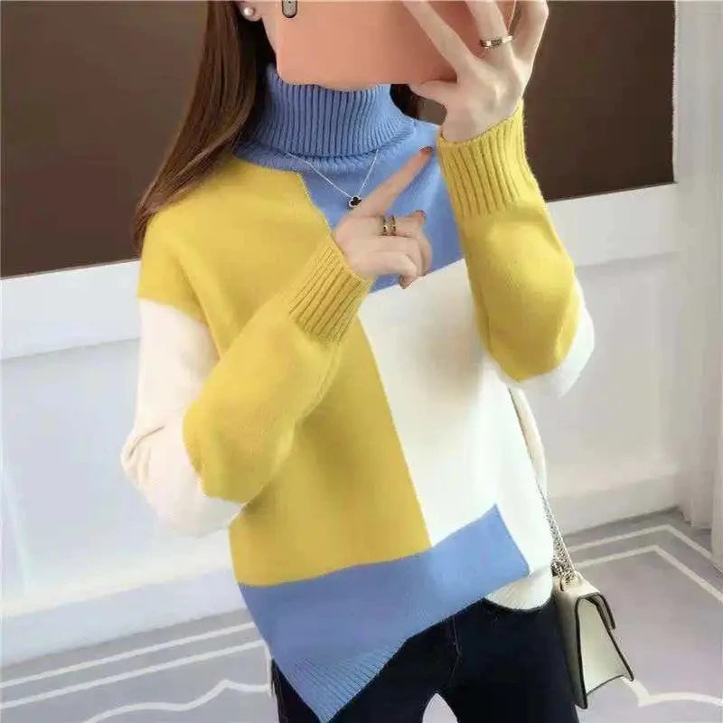 Women's Sweater 2024 New Autumn Winter Color Blocking Loose Sweaters Long Sleeve Turtleneck