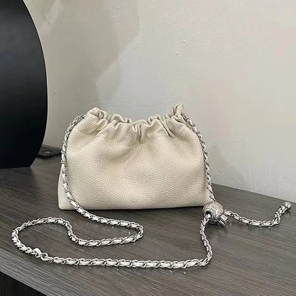 Hot Sale Silver Ball Chain Genuine Leather Small Bucket Bag Fashion