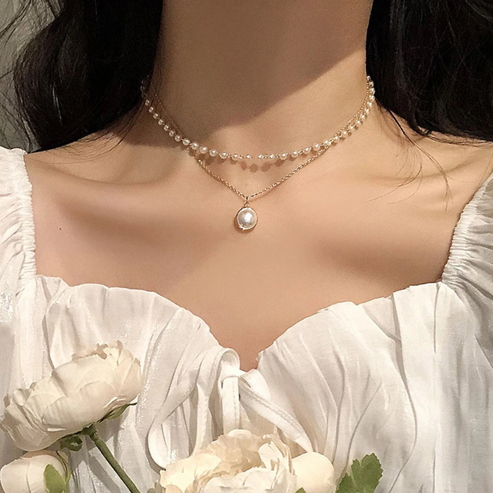 European Vintage Beaded Pearl Choker Necklace for Women Girls Simple