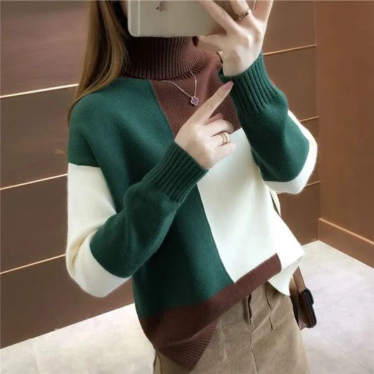 Women's Sweater 2024 New Autumn Winter Color Blocking Loose Sweaters Long Sleeve Turtleneck