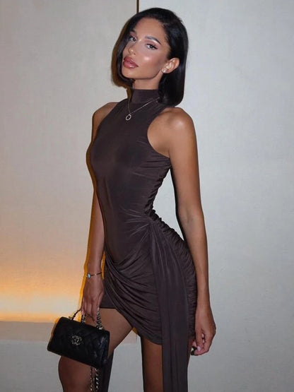 Mozision Turtleneck Sleeveless Sexy Mini Dress For Women Fashion