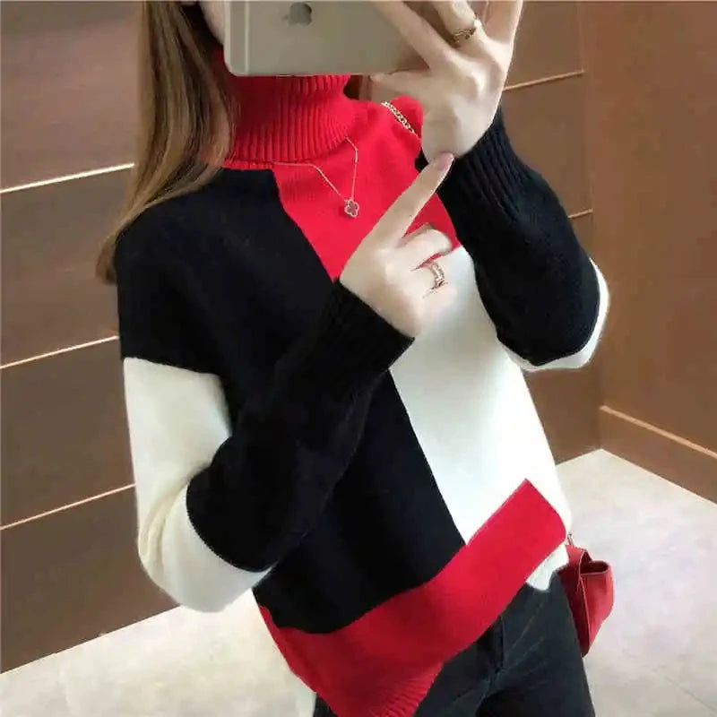 Women's Sweater 2024 New Autumn Winter Color Blocking Loose Sweaters Long Sleeve Turtleneck