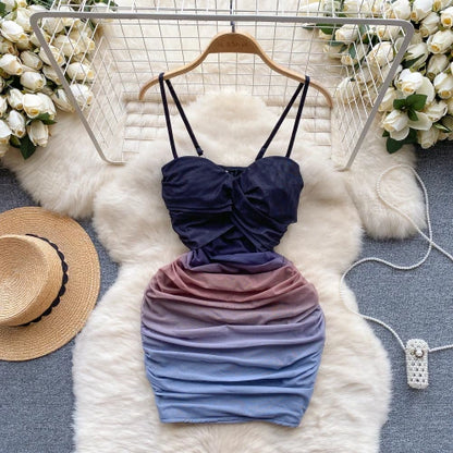 Sexy Solid Print Pleated Off Shoulder Mesh Slip Dress Chic Evening
