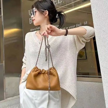 Hot Sale Silver Ball Chain Genuine Leather Small Bucket Bag Fashion